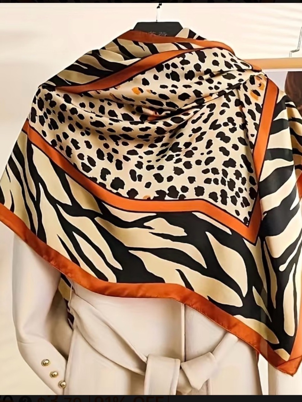 Elegant Animal-Print Silk Scarf in Cream, Black & Rust